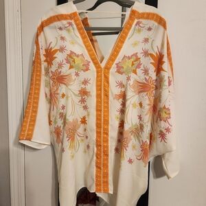 Rose & Olive Floral V-Neck Blouse - Orange & Cream